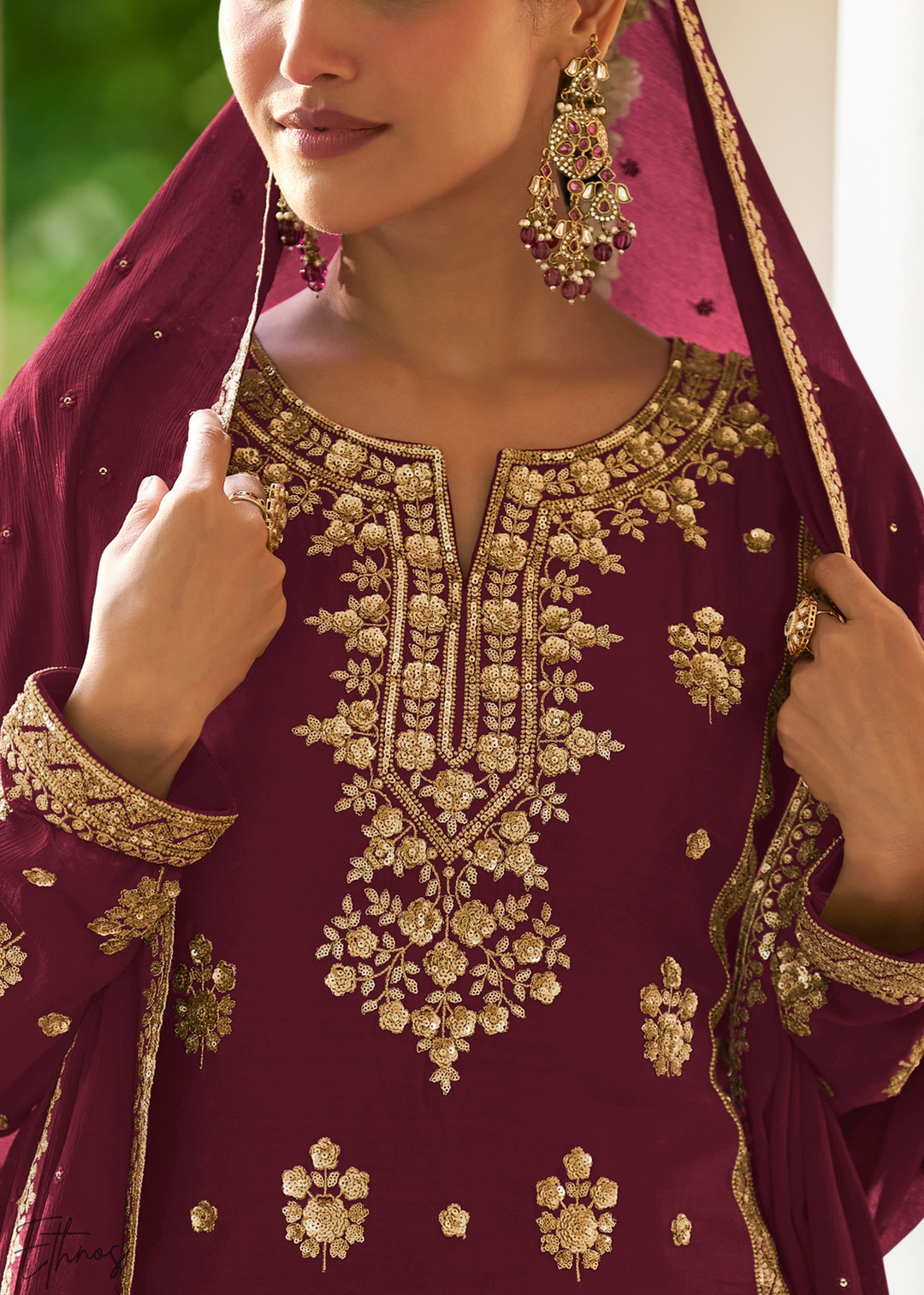 Maroon Embroidered Chinon Palazzo Suit