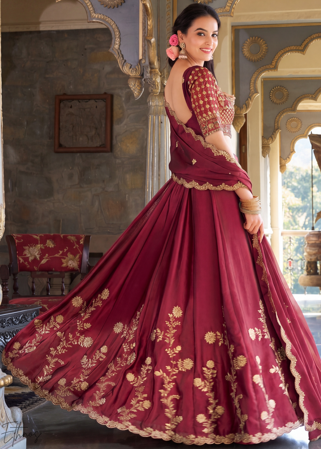 Maroon Floret Zari Rangoli Silk Lehenga