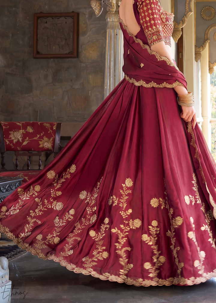 Maroon Floret Zari Rangoli Silk Lehenga