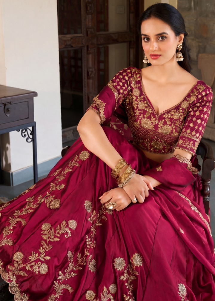 Maroon Floret Zari Rangoli Silk Lehenga