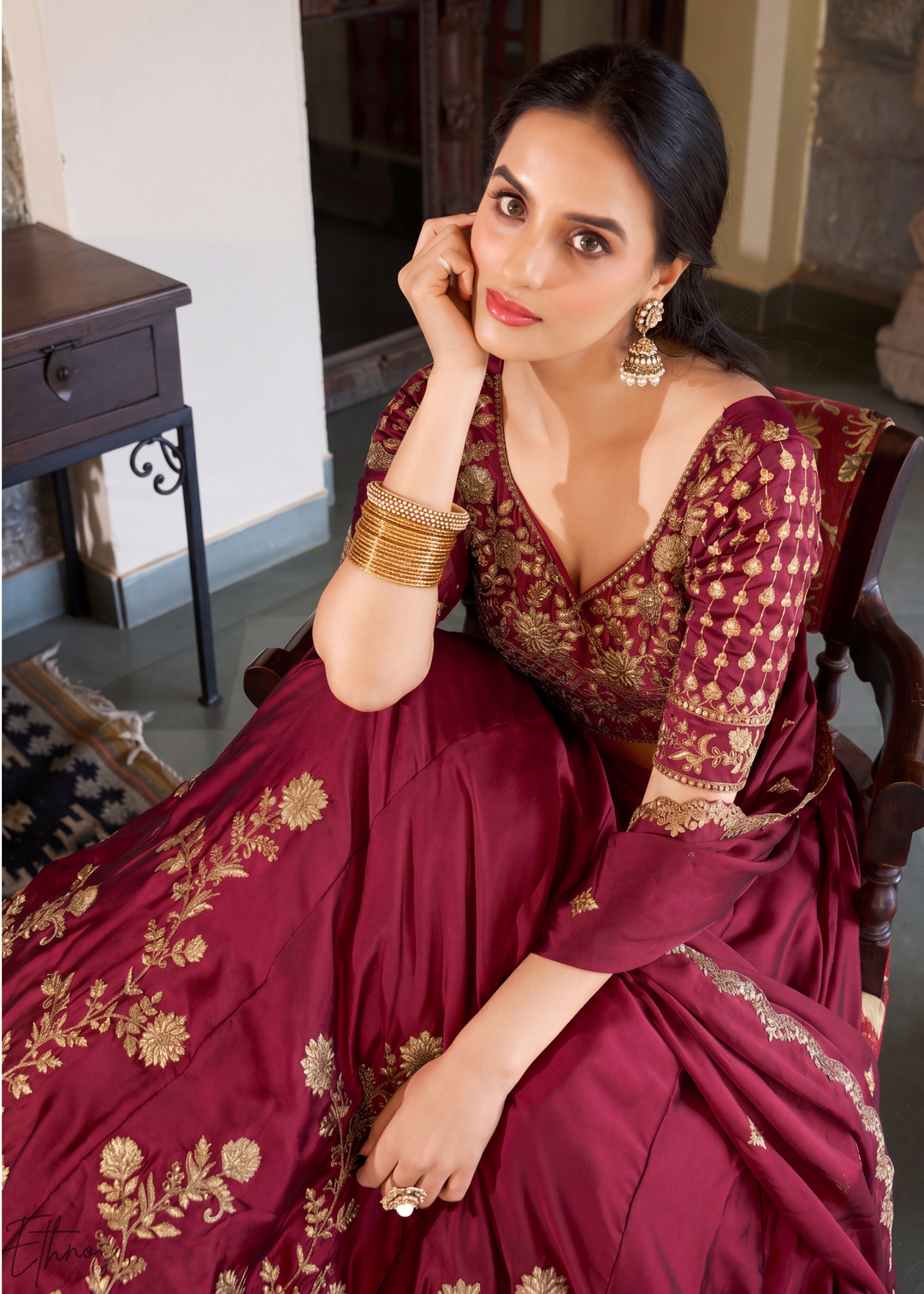 Maroon Floret Zari Rangoli Silk Lehenga