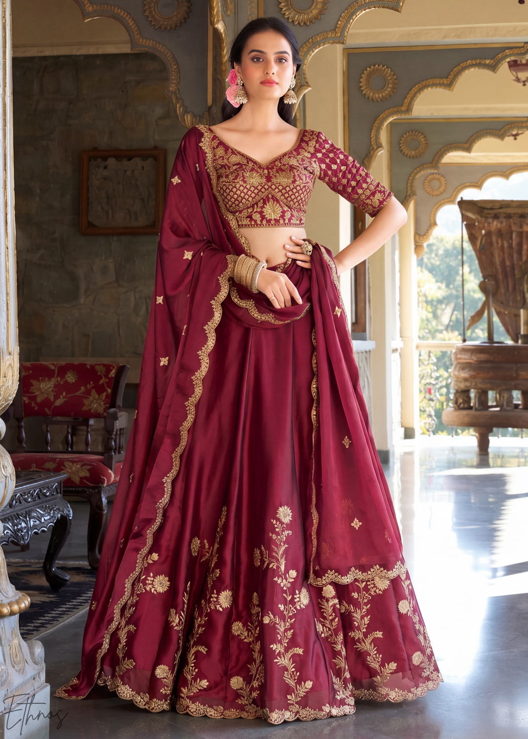 Maroon Floret Zari Rangoli Silk Lehenga