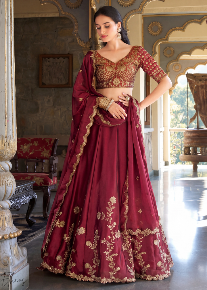Maroon Floret Zari Rangoli Silk Lehenga