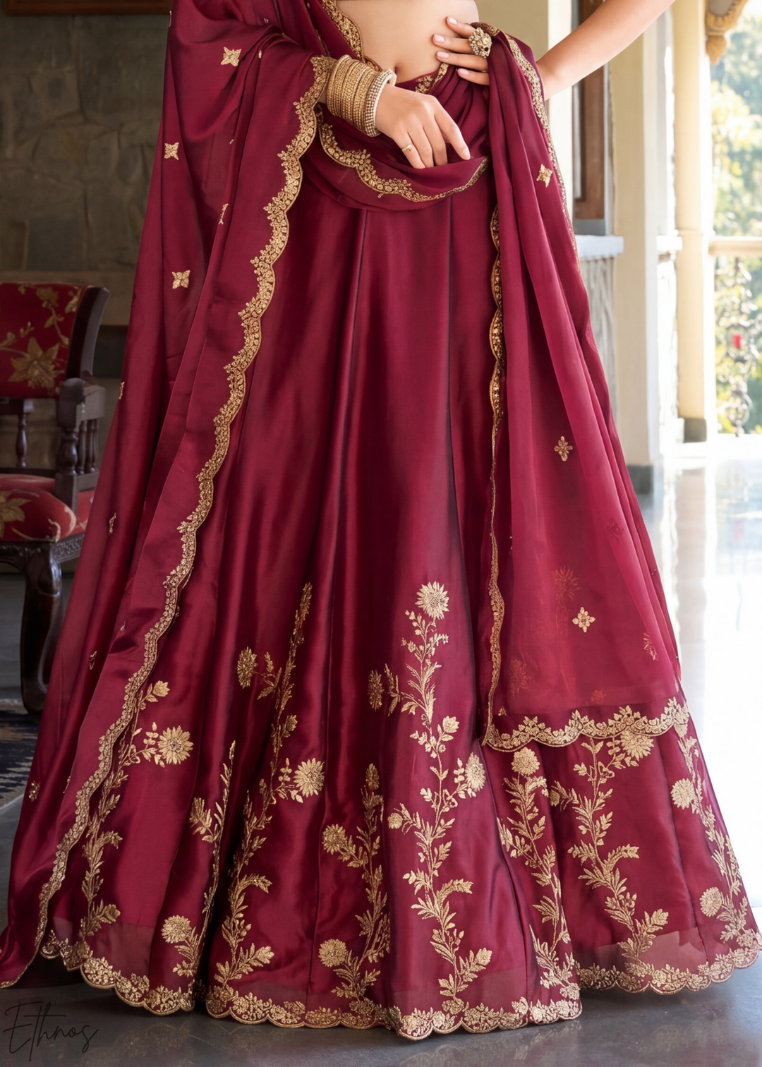 Maroon Floret Zari Rangoli Silk Lehenga
