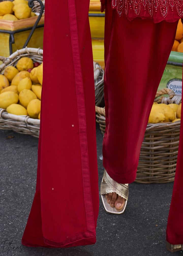 Maroon Lattice Medallion Georgette Straight Pant Suit
