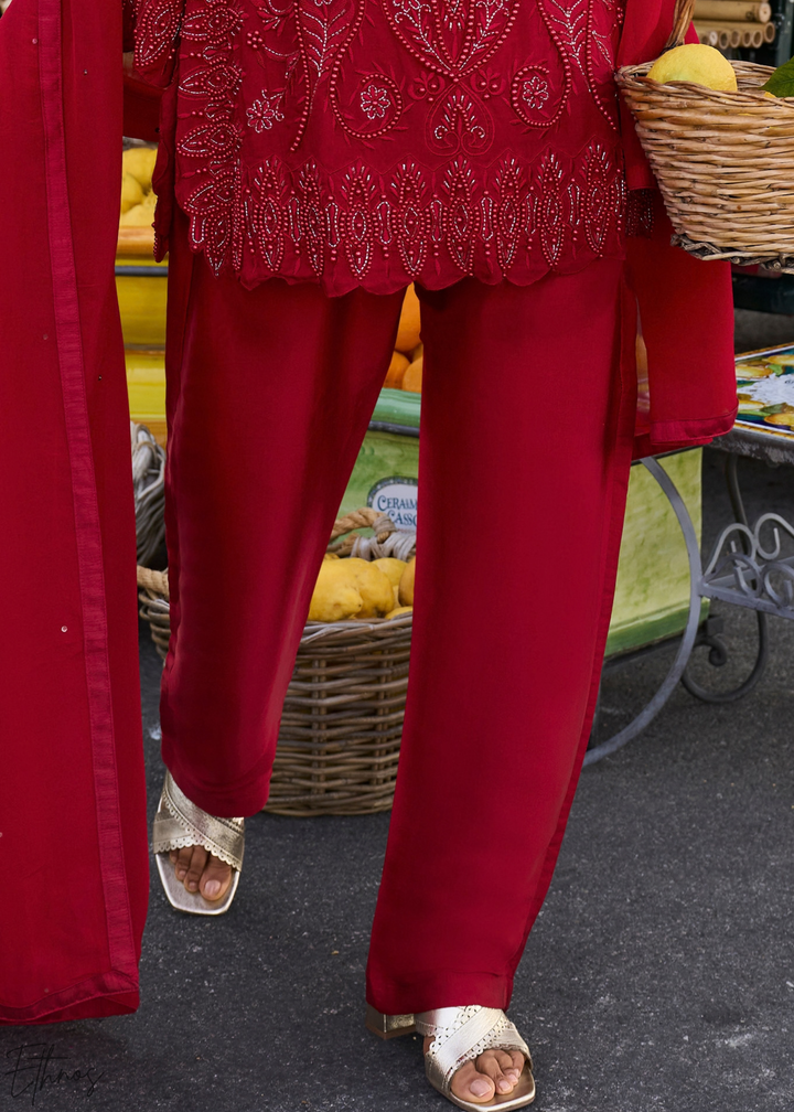 Maroon Lattice Medallion Georgette Straight Pant Suit