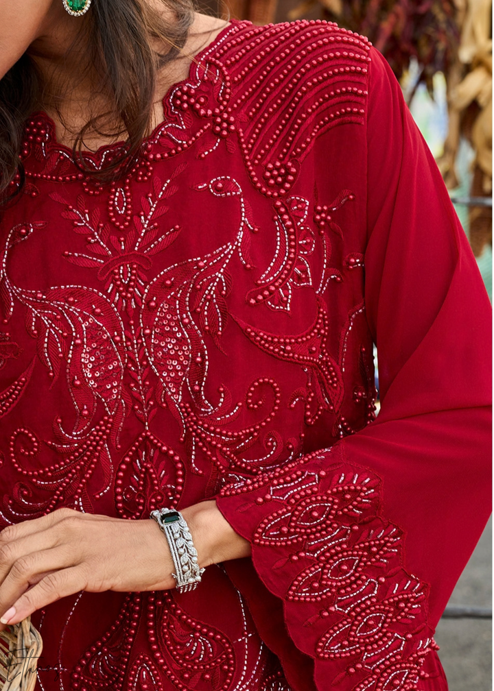 Maroon Lattice Medallion Georgette Straight Pant Suit