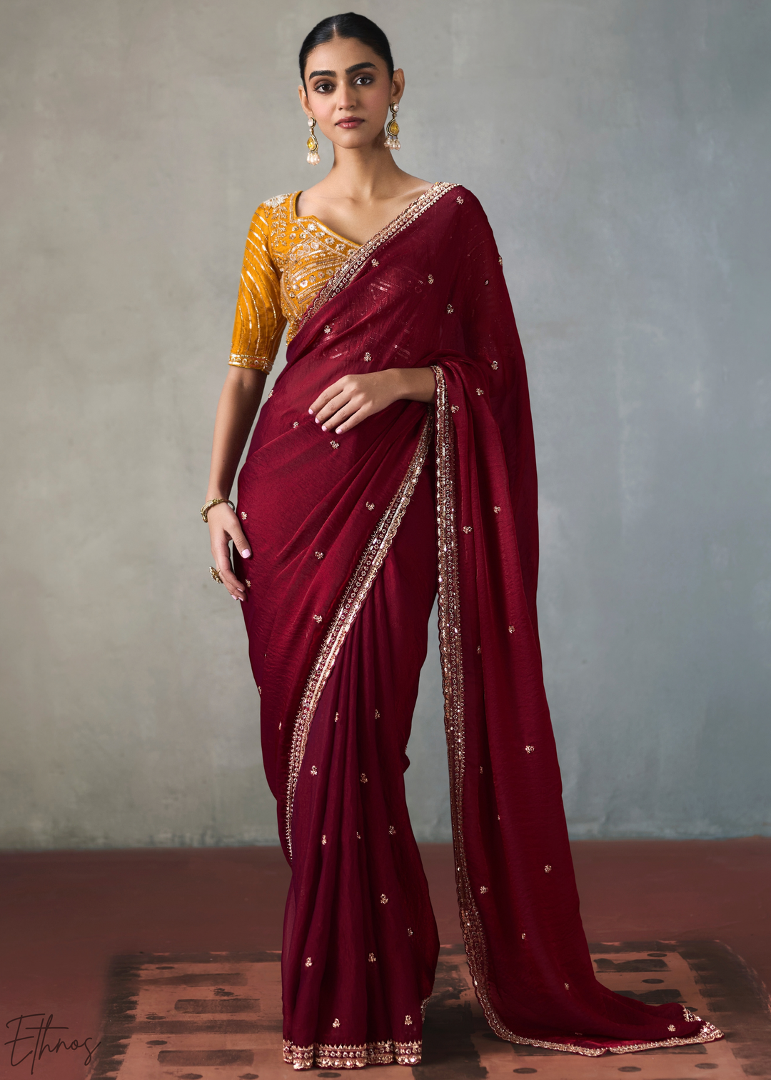 Maroon Floral Scallop Beaded Border Silk Saree