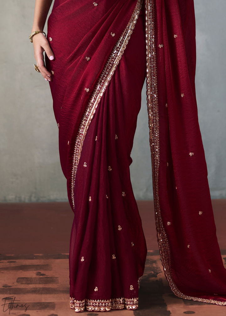 Maroon Floral Scallop Beaded Border Silk Saree