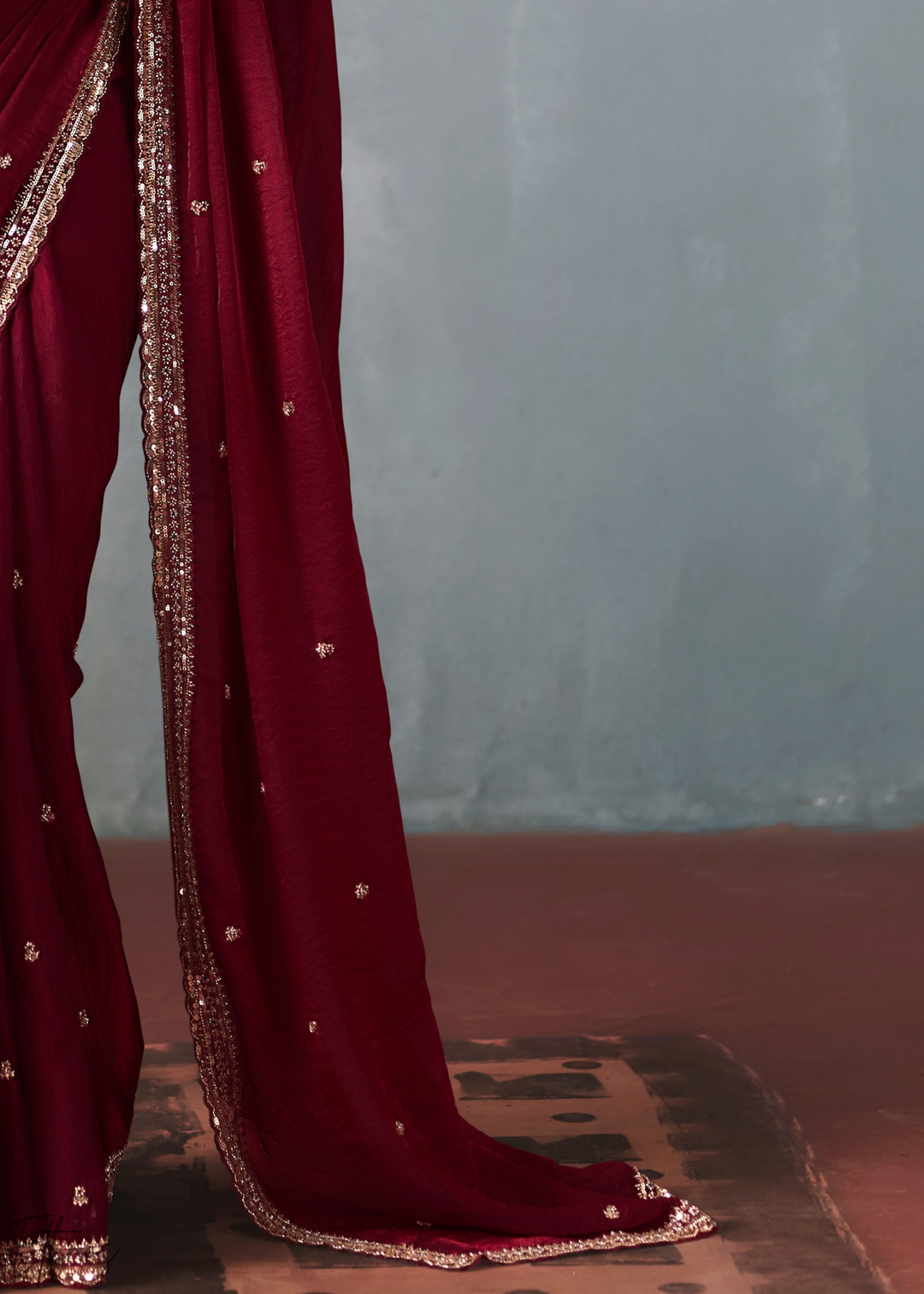 Maroon Floral Scallop Beaded Border Silk Saree