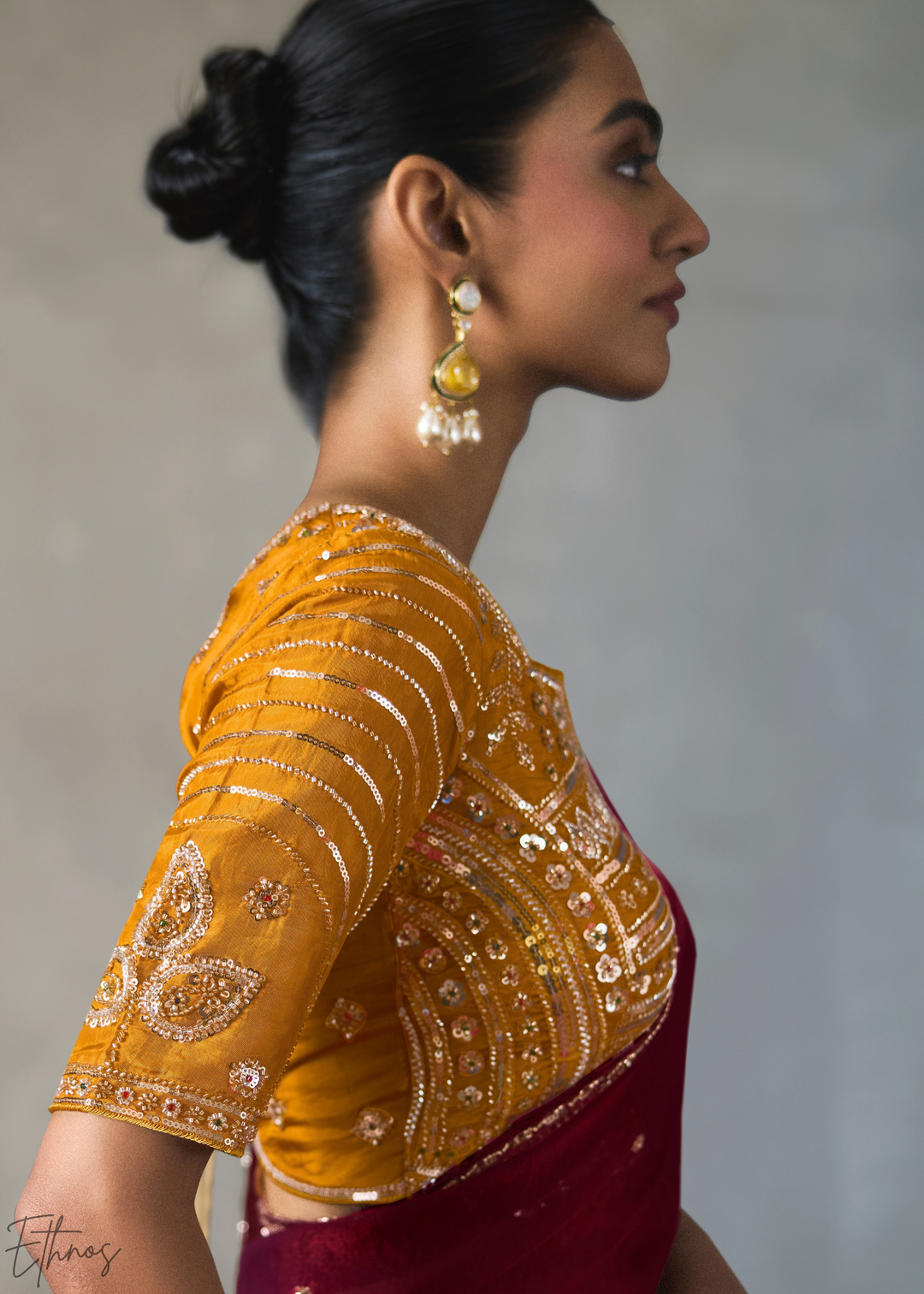Maroon Floral Scallop Beaded Border Silk Saree