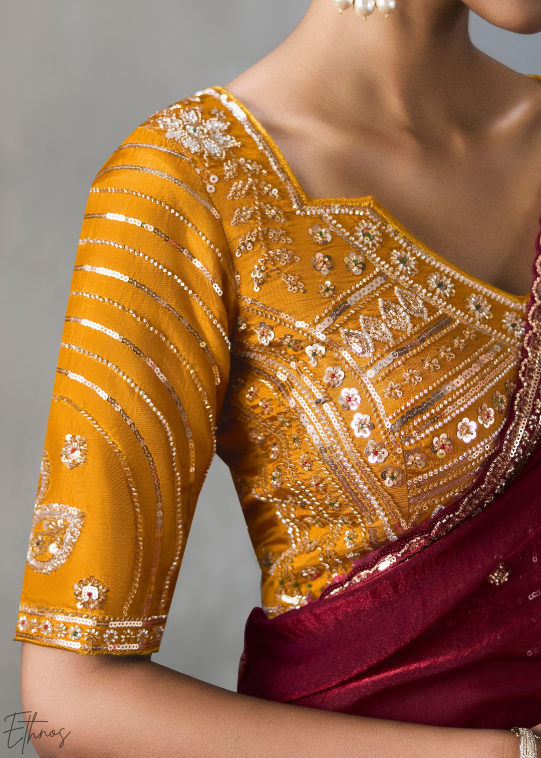 Maroon Floral Scallop Beaded Border Silk Saree