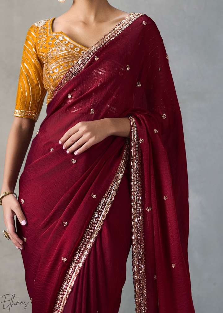 Maroon Floral Scallop Beaded Border Silk Saree