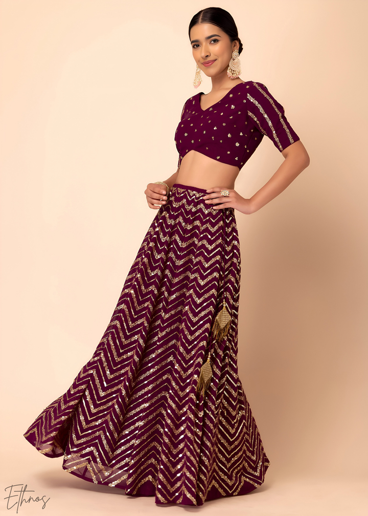 Maroon Sequins Chevron Georgette Lehenga