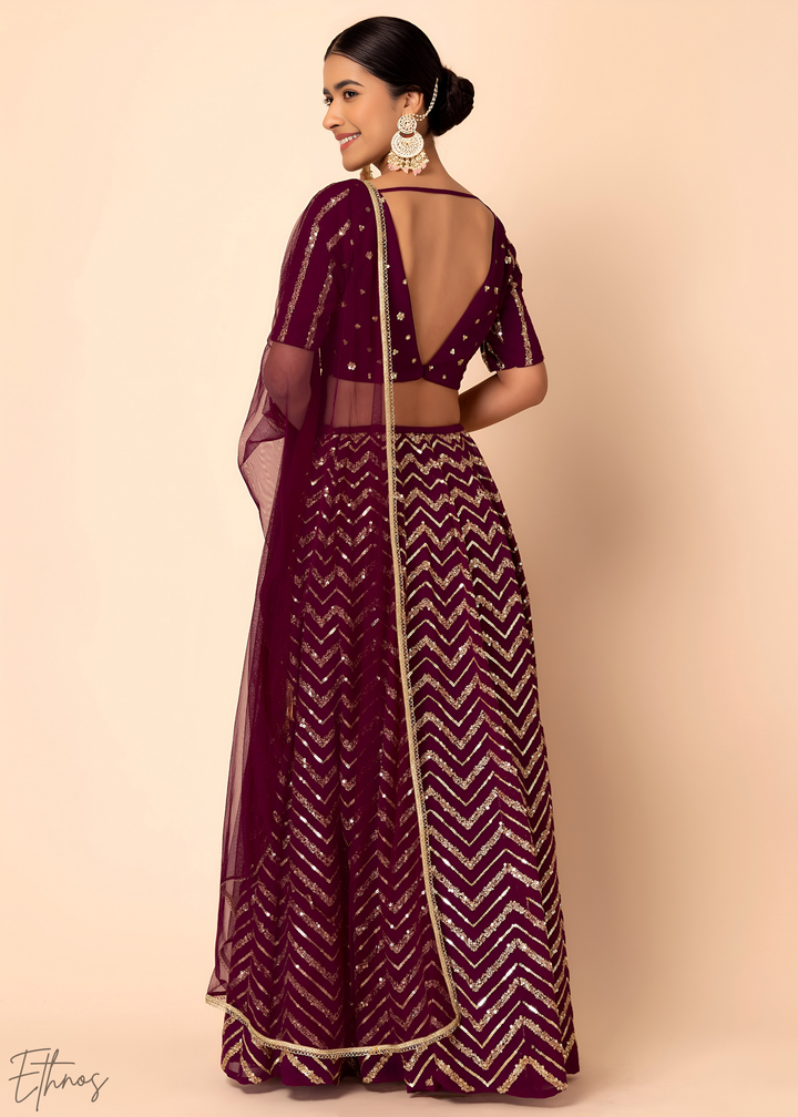 Maroon Sequins Chevron Georgette Lehenga