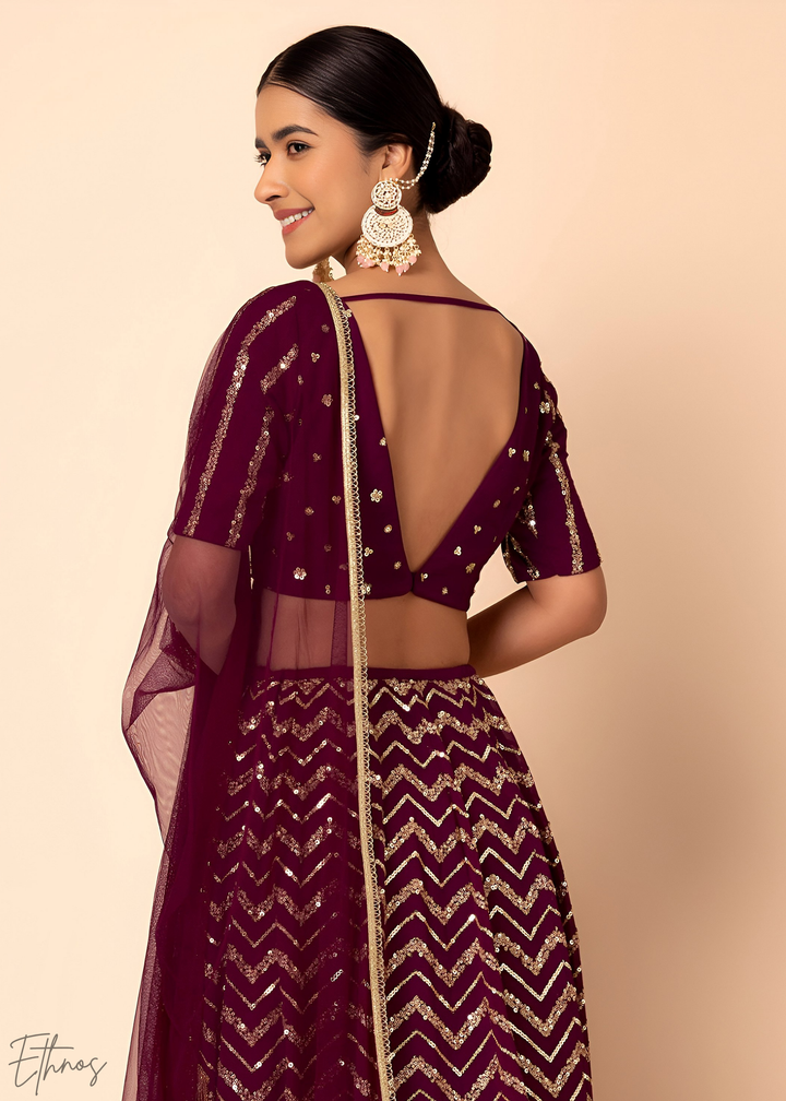Maroon Sequins Chevron Georgette Lehenga