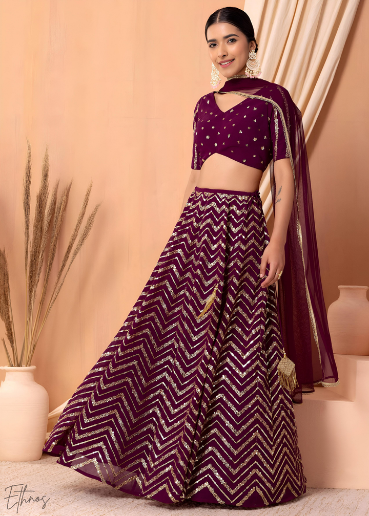 Maroon Sequins Chevron Georgette Lehenga