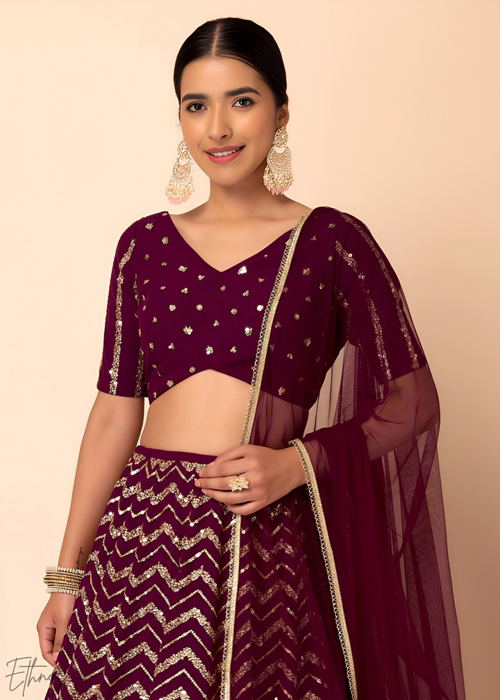Maroon Sequins Chevron Georgette Lehenga