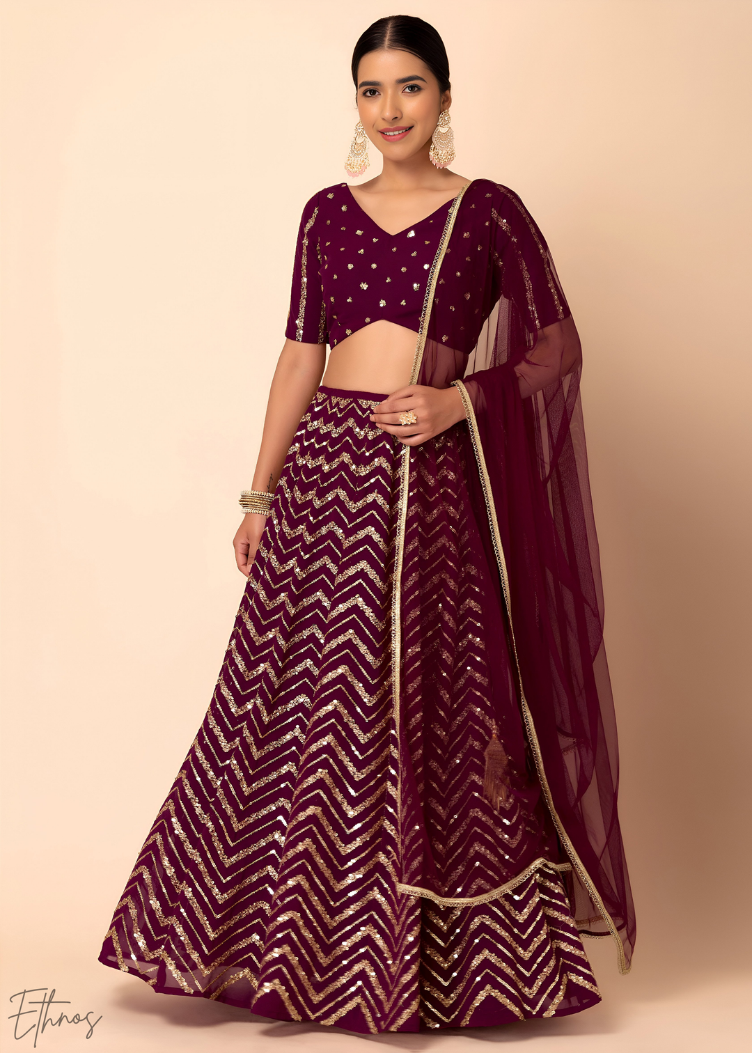 Maroon Sequins Chevron Georgette Lehenga