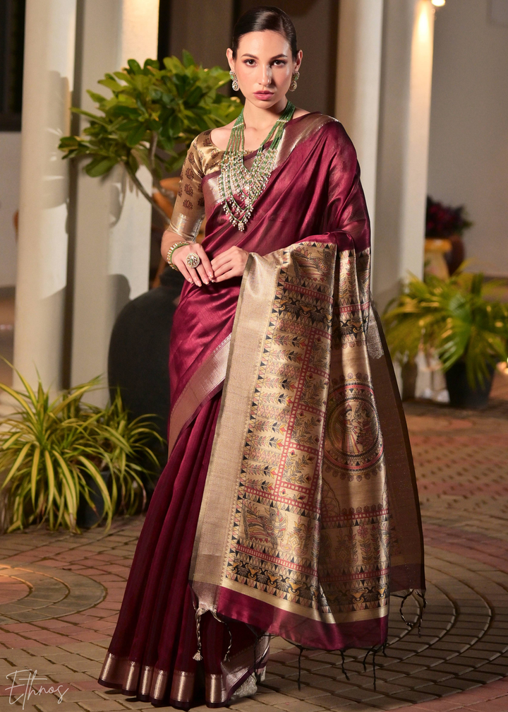 Maroon Zari Tussar Silk Saree