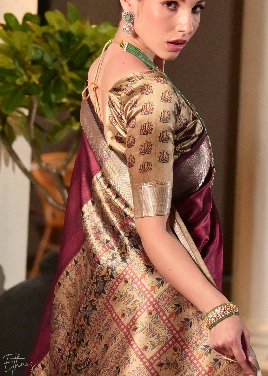 Maroon Zari Tussar Silk Saree