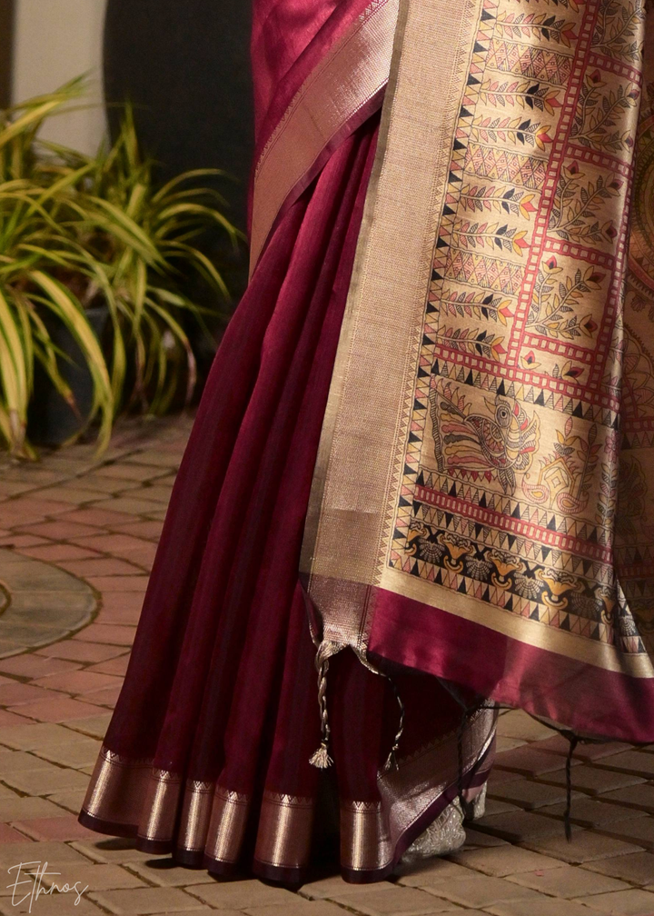 Maroon Zari Tussar Silk Saree