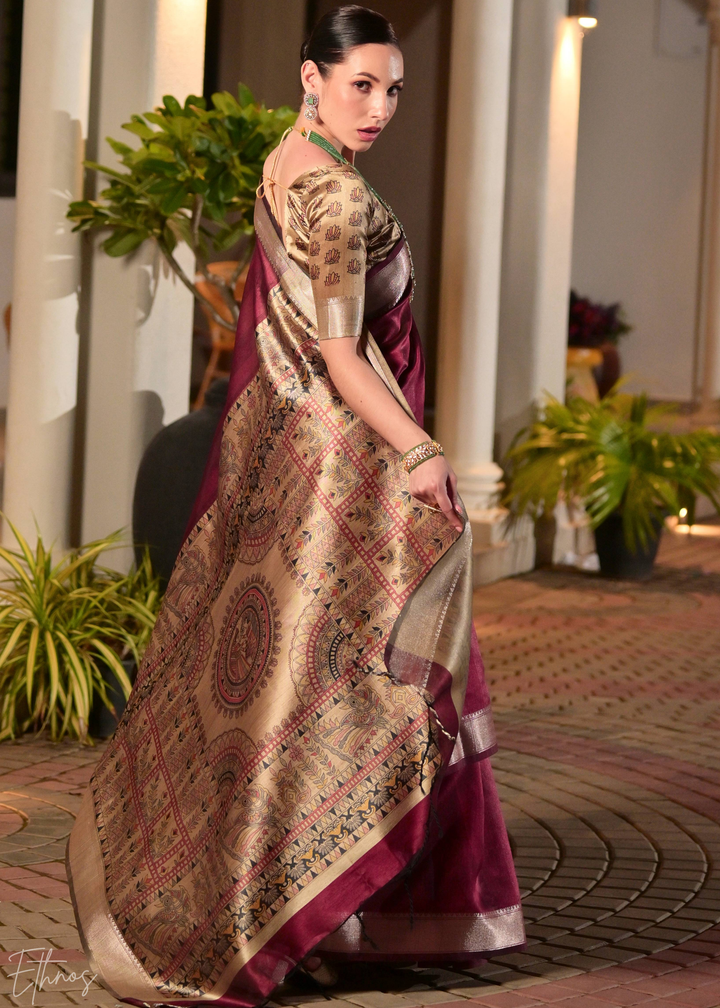 Maroon Zari Tussar Silk Saree