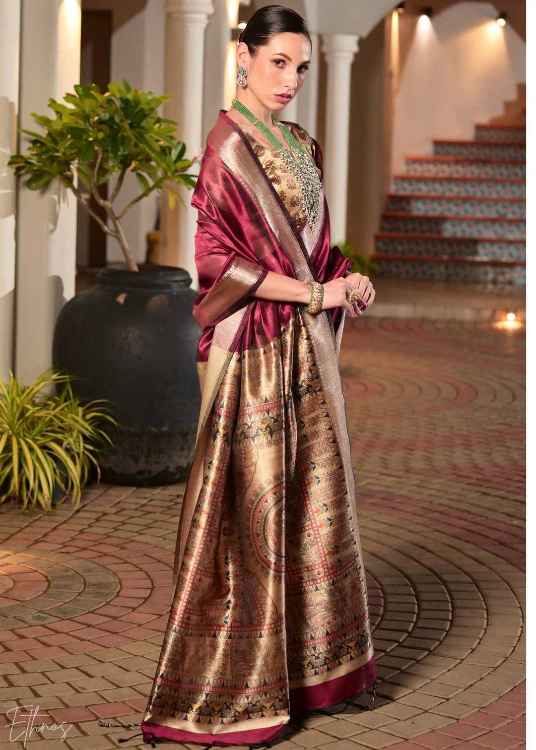 Maroon Zari Tussar Silk Saree