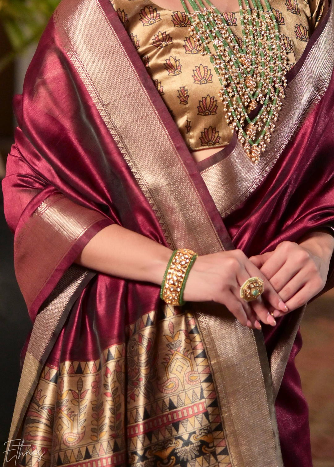 Maroon Zari Tussar Silk Saree