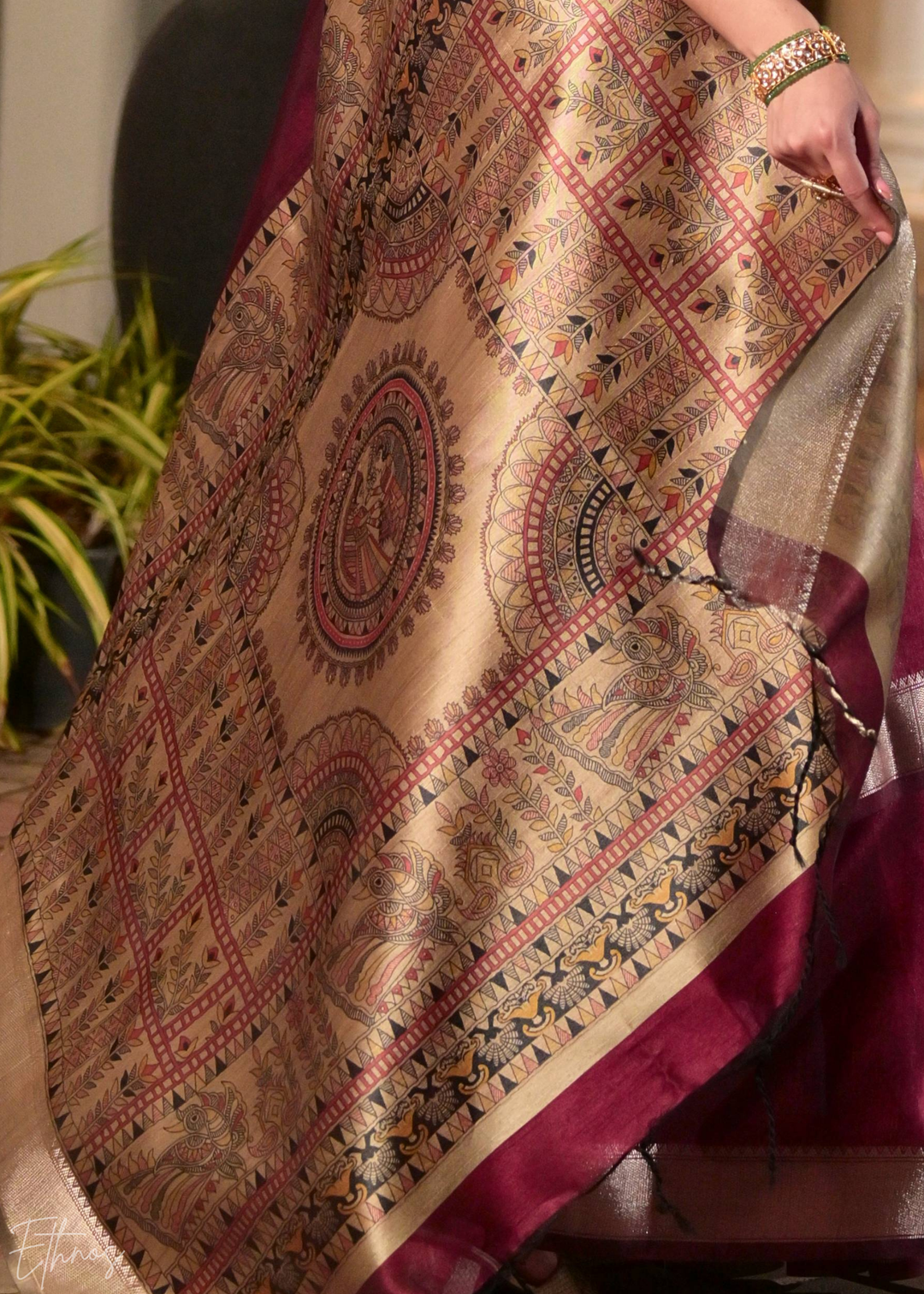 Maroon Zari Tussar Silk Saree