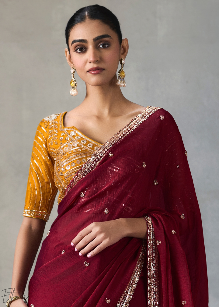 Maroon Floral Scallop Beaded Border Silk Saree