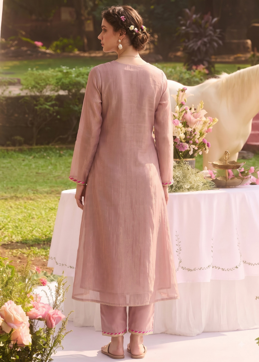 Mauve Blossom Filigree Tissue Palazzo Suit