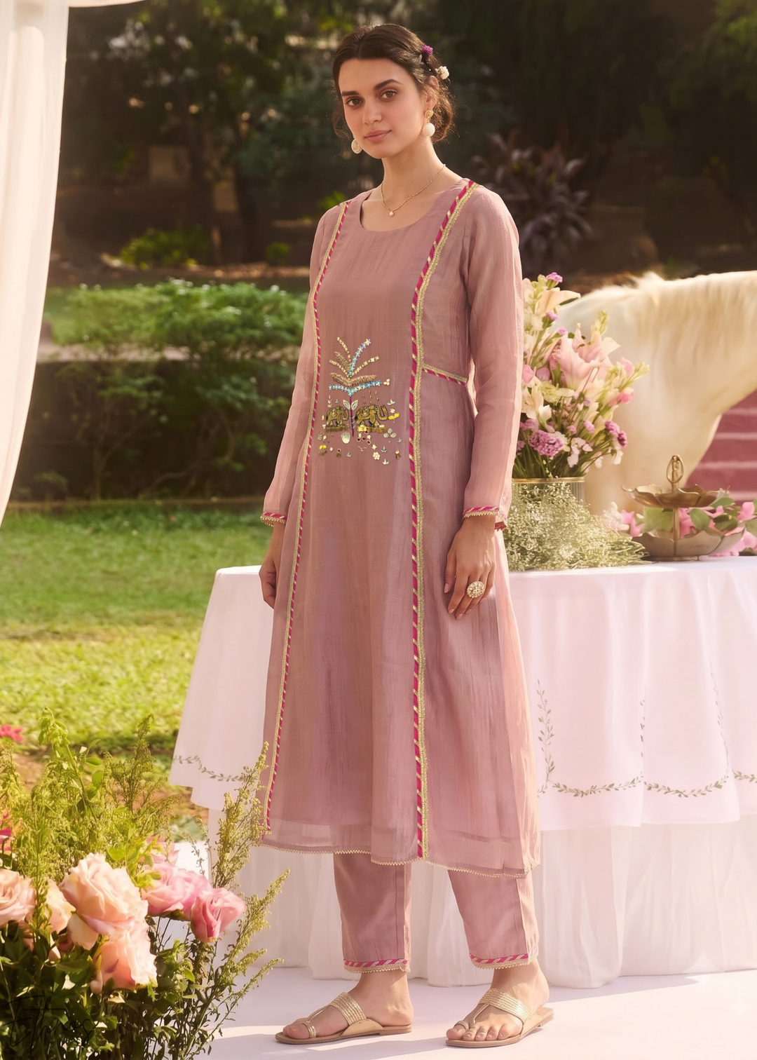 Mauve Blossom Filigree Tissue Palazzo Suit