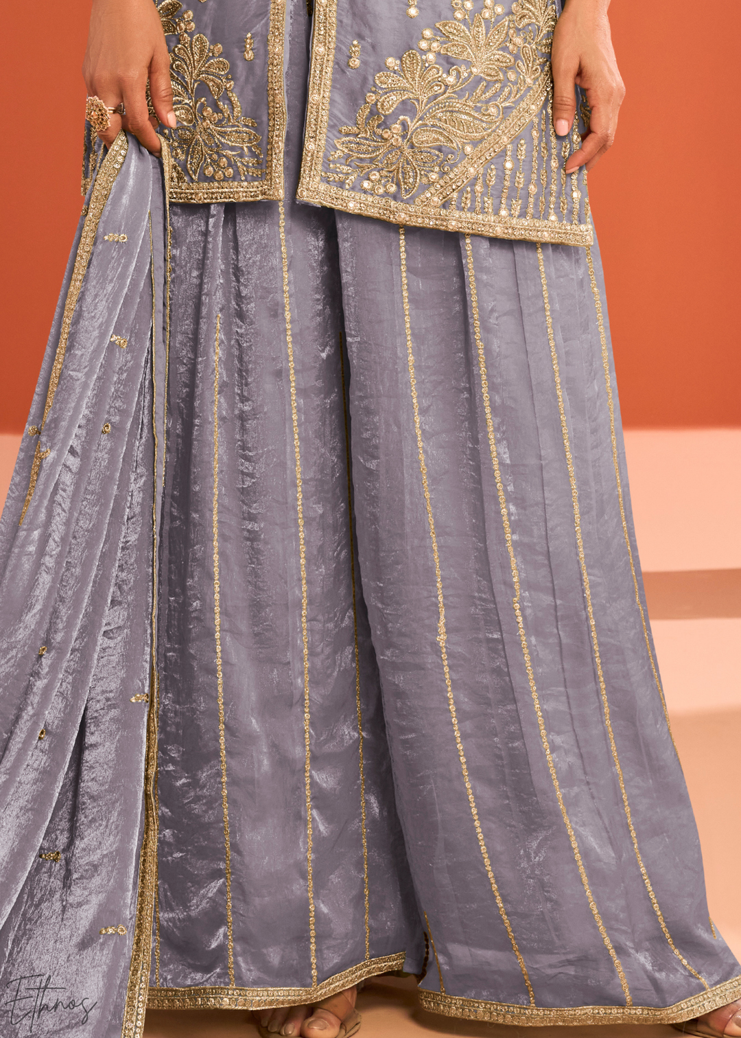 Mauve Embroidered Fandy Silk Palazzo Suit