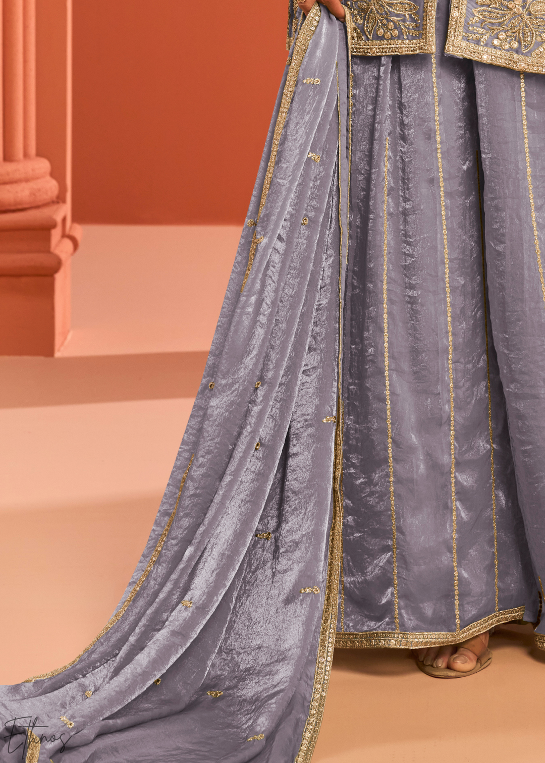 Mauve Embroidered Fandy Silk Palazzo Suit