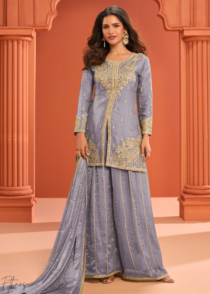 Mauve Embroidered Fandy Silk Palazzo Suit