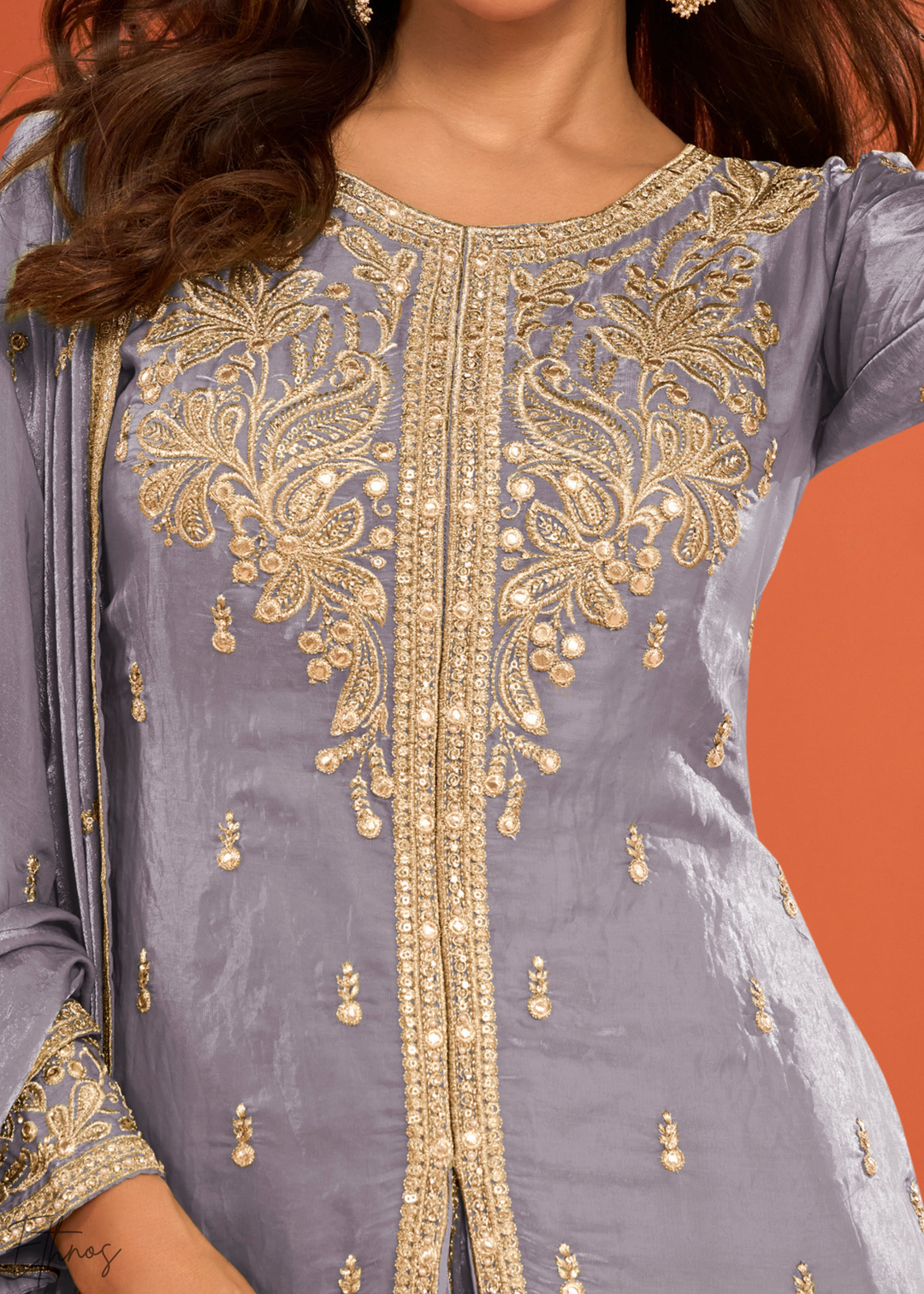 Mauve Embroidered Fandy Silk Palazzo Suit