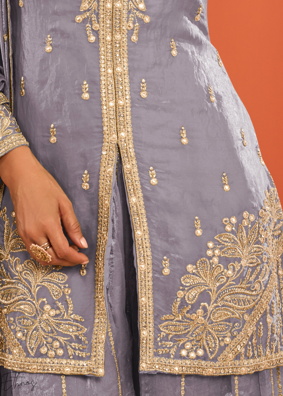 Mauve Embroidered Fandy Silk Palazzo Suit