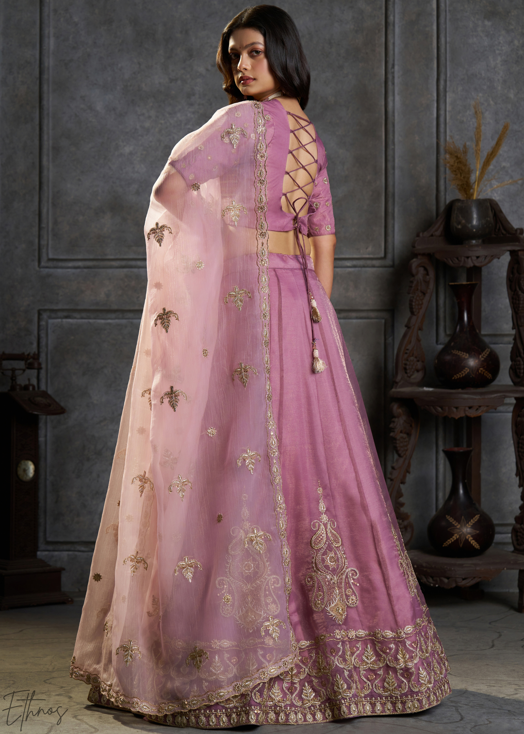 Mauve Gilded Medallion Organza Lehenga Choli