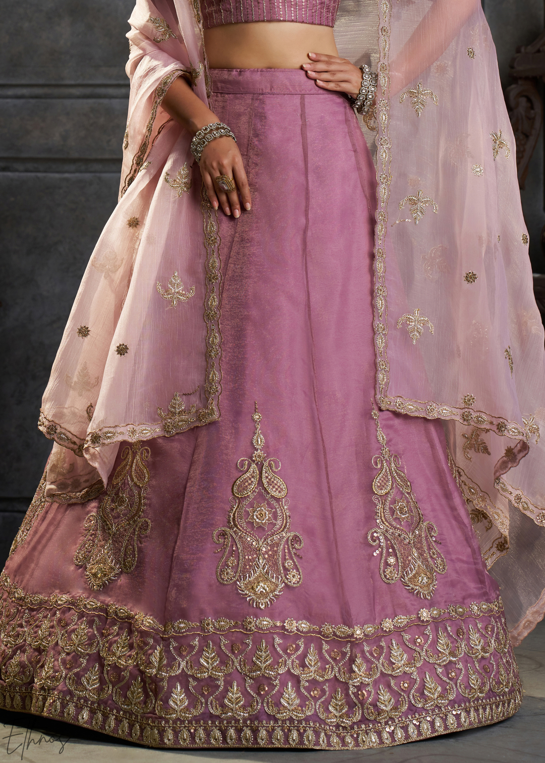 Mauve Gilded Medallion Organza Lehenga Choli