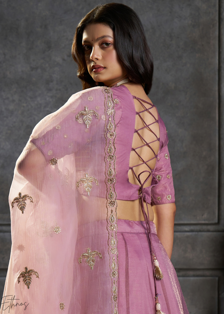 Mauve Gilded Medallion Organza Lehenga Choli