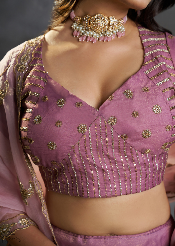 Mauve Gilded Medallion Organza Lehenga Choli