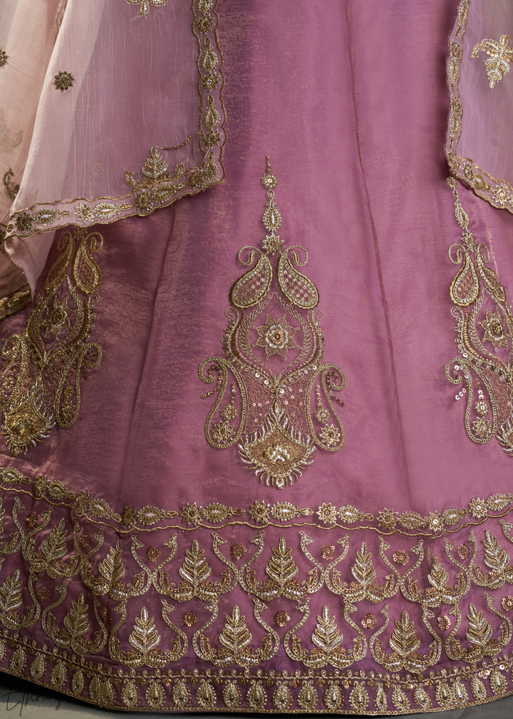 Mauve Gilded Medallion Organza Lehenga Choli