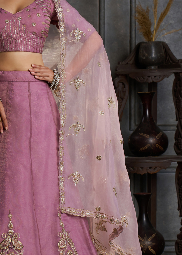 Mauve Gilded Medallion Organza Lehenga Choli