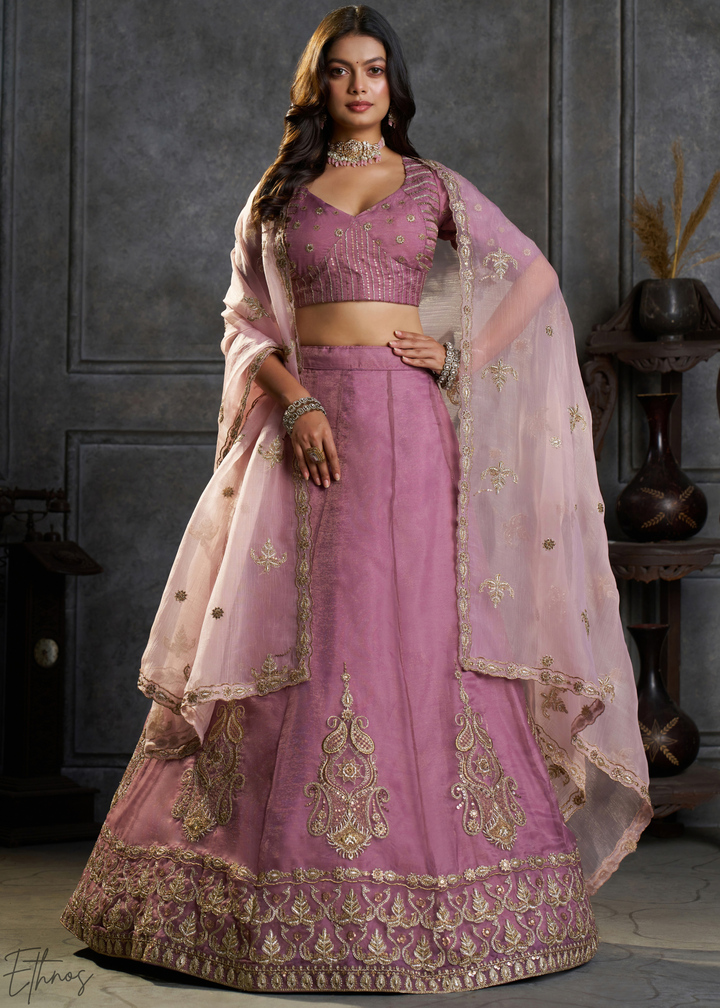 Mauve Gilded Medallion Organza Lehenga Choli