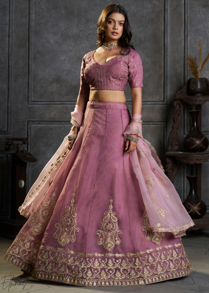 Mauve Gilded Medallion Organza Lehenga Choli