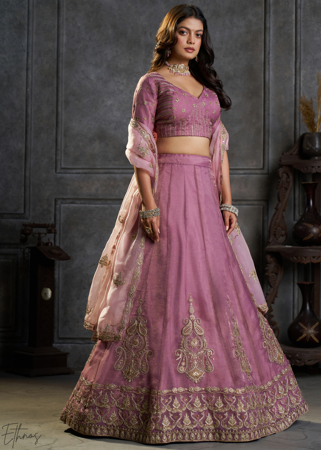 Mauve Gilded Medallion Organza Lehenga Choli