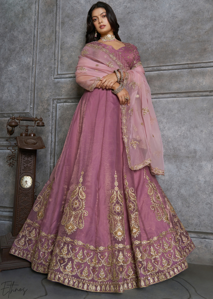 Mauve Gilded Medallion Organza Lehenga Choli