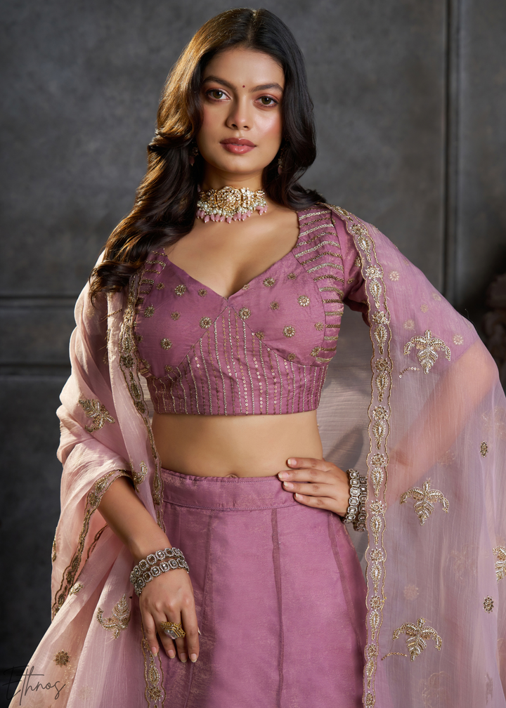 Mauve Gilded Medallion Organza Lehenga Choli