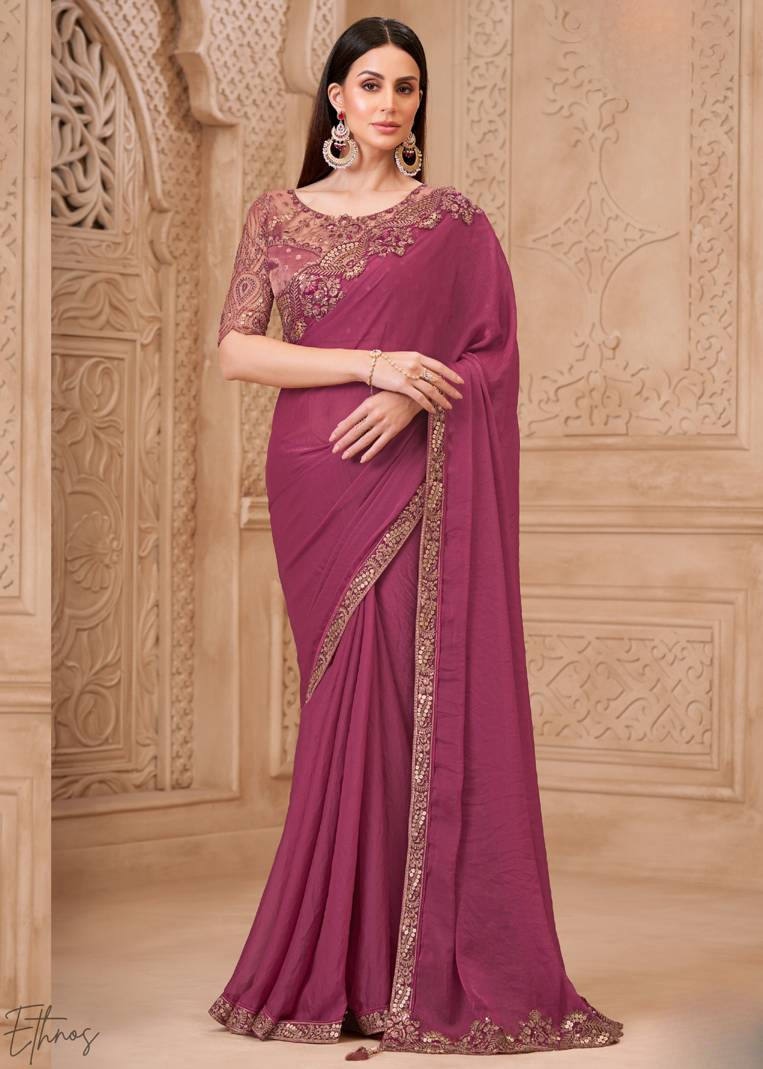 Mauve Orchid Classic Border Satin Georgette Saree